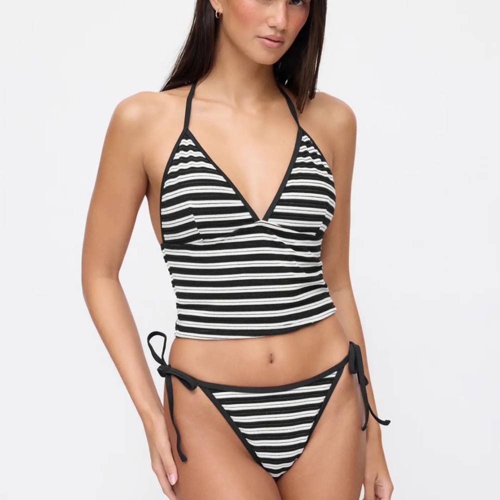 Cider Black and White Striped Triangle Tankini Bikini Set